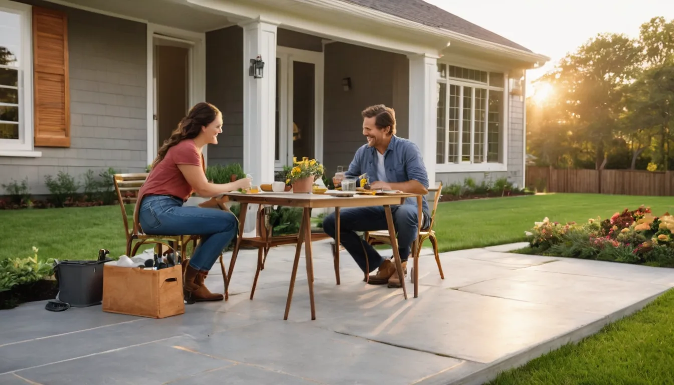 A friendly couple relaxing on a new concrete patio behind their home in Godfrey